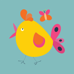 A bird, a funny chicken with an ornament on its tail.