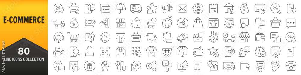 Aufkleber e-commerce line icons collection. big ui icon set in a flat design. thin outline icons pack. vector 