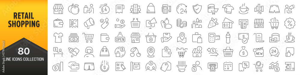 Poster retail and shopping line icons collection. big ui icon set in a flat design. thin outline icons pack