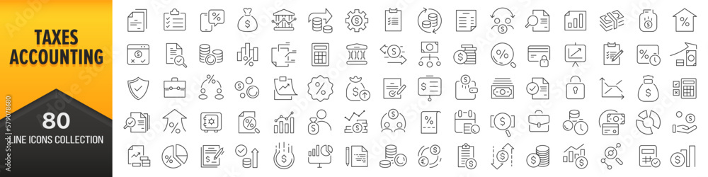 Poster Taxes and accounting line icons collection. Big UI icon set in a flat design. Thin outline icons pack. Vector illustration EPS10