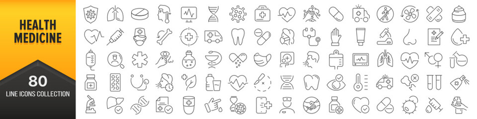 Health and medicine line icons collection. Big UI icon set in a flat design. Thin outline icons pack. Vector illustration EPS10 - obrazy, fototapety, plakaty