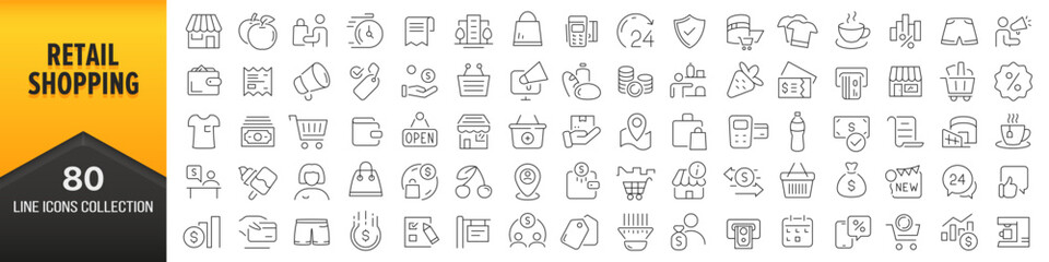 Retail and shopping line icons collection. Big UI icon set in a flat design. Thin outline icons pack. Vector illustration EPS10