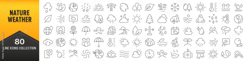 Wall mural nature and weather line icons collection. big ui icon set in a flat design. thin outline icons pack.