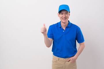 An Asian young Technician service man wearing blue uniform on white background studio