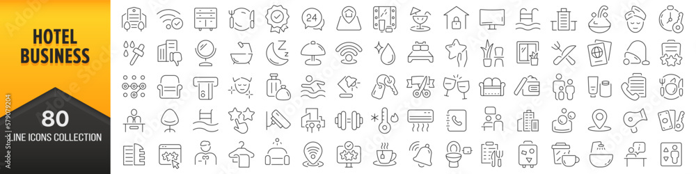 Poster hotel business line icons collection. big ui icon set in a flat design. thin outline icons pack. vec