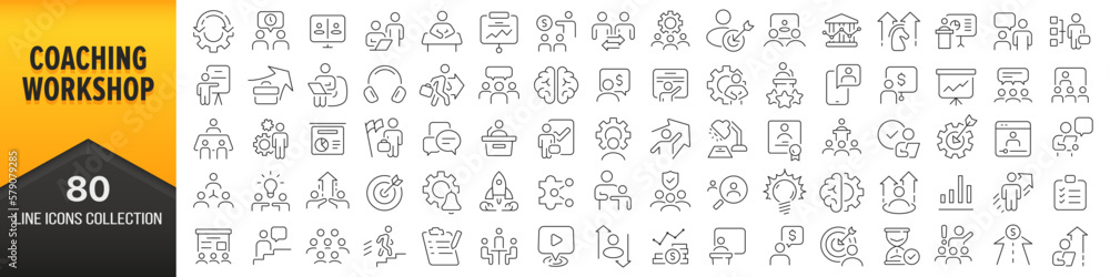 Poster Coaching and workshop line icons collection. Big UI icon set in a flat design. Thin outline icons pack. Vector illustration EPS10