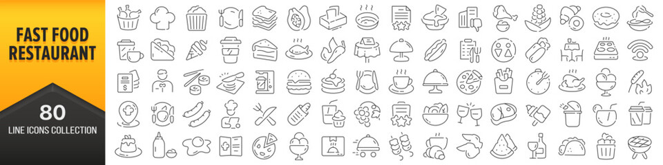 Fast food and restaurant line icons collection. Big UI icon set in a flat design. Thin outline icons pack. Vector illustration EPS10