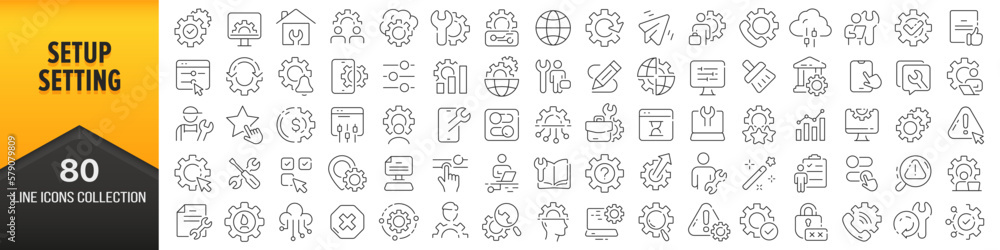 Poster Setup and setting line icons collection. Big UI icon set in a flat design. Thin outline icons pack. Vector illustration EPS10