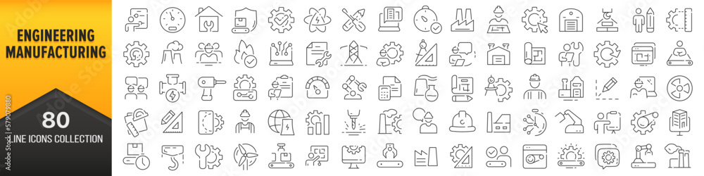 Poster Engineering and manufacturing line icons collection. Big UI icon set in a flat design. Thin outline icons pack. Vector illustration EPS10