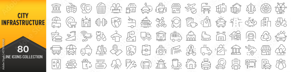 Poster city infrastructure line icons collection. big ui icon set in a flat design. thin outline icons pack