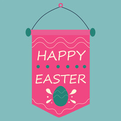 Happy Easter text on a hanging picture with egg and ornament.