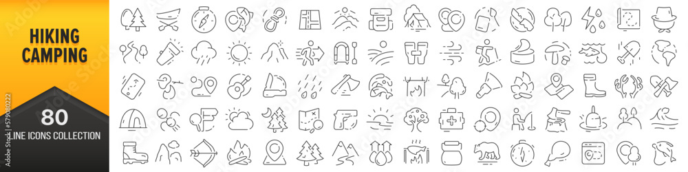 Poster hiking and camping line icons collection. big ui icon set in a flat design. thin outline icons pack.