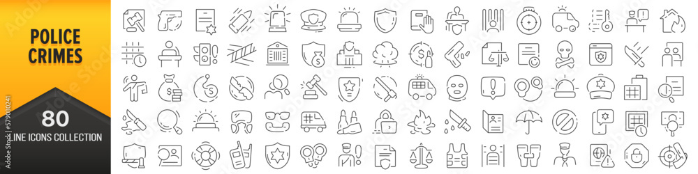 Aufkleber police and crimes line icons collection. big ui icon set in a flat design. thin outline icons pack. 