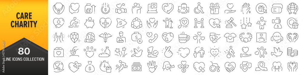 Poster care and charity line icons collection. big ui icon set in a flat design. thin outline icons pack. v