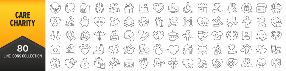 Care and charity line icons collection. Big UI icon set in a flat design. Thin outline icons pack. Vector illustration EPS10