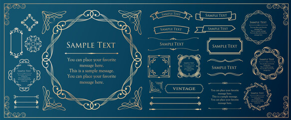 Fototapeta premium 高級感のあるビンテージ調のフレームデザインセット 罫線 枠 ウエディング ビンテージ アンティーク
