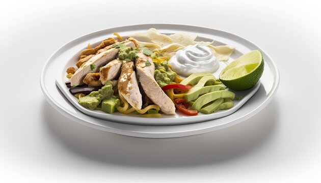 A plate of chicken fajitas with guacamole and sour cream on White Background with copy space for your text created with generative AI technology
