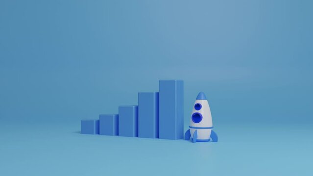 Increasing graph and flying rocket up, business project while standing with growth chart and rocket up. Business growth and performance, massive success and achievement concept. 3d animation