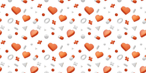 3d medical seamless pattern with heart and pill on white color background. 3d design of medicine illustration