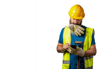 Obrero de la construcción consultando el móvil en el trabajo. Fondo blanco con espacio para texto.