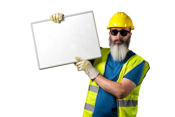 Obrero de la construcción levantando una pizarra en blanco con las manos sobre fondo blanco