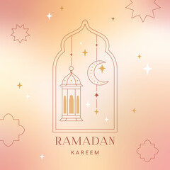 Ramadan Kareem card, poster, holiday cover. Islamic greeting card, banner template. Modern beautiful design in geometric minimal style. Trendy gradient, linear frames with stars, arches.