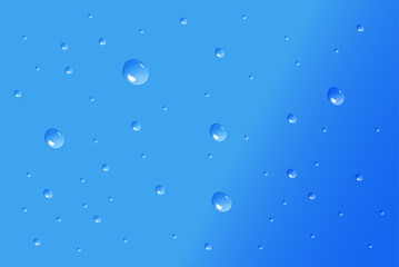 Water drops on blue background vector illustration. Liquid droplets isolated on blue gradient backdrop. Horizontal poster, banner template Vector illustration