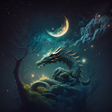 Dragon on the background of a dark scary forest. The moon is in the background. generative ai