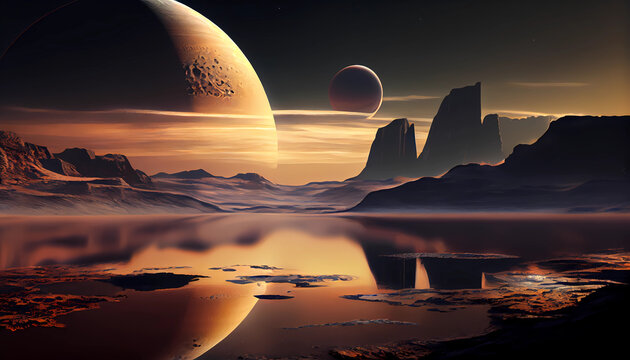 The surface of the moon Titan orbiting Saturn illustration