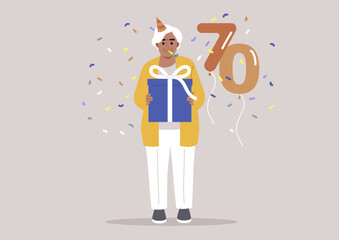 A senior female Caucasian character wearing a party cone hat, a birthday celebration, confetti and garlands hanging, 70 years old