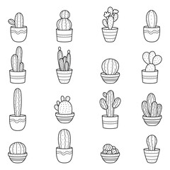 Cactus set. A collection of cute minimalistic potted plants. Simple linear clipart illustrations. Logos and emblems for a flower shop. Clipart for packaging design