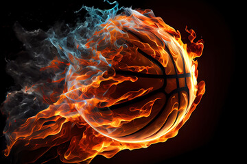 basketball ball flying in fire on dark background. vector illustration. Generative Ai