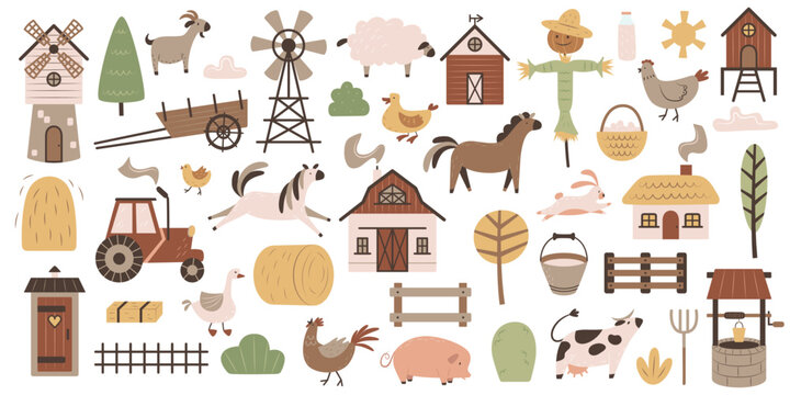 A large collection of farm or ranch objects, animals, plants and equipment. Set of cute flat elements for design. Rural lifestyle. Color simple clipart. Country household items