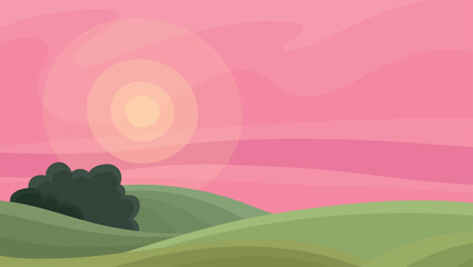 Obraz premium A charming rural landscape with a pink sunset or sunrise. Cartoon flat background with hills and fields. A simple minimalistic landscape. Countryside