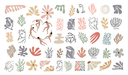 Fototapeta na wymiar Set of abstract organic shapes, exotic jungle leaves, female nude silhouettes, algae. Trendy Matisse inspired style. Contemporary vector art illustration isolated on white background. Digital stickers