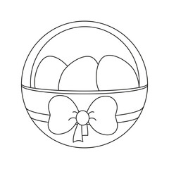 Easter basket with eggs and a bow on the basket. Line art.