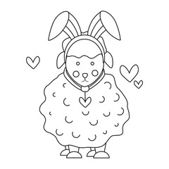 A sheep with ears of a rabbit, a hare, on the theme of Easter. Line art.