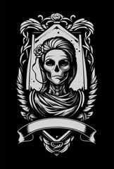 scary Mummy girl black and white hand drawn illustration with heraldic banner for copyspace logo