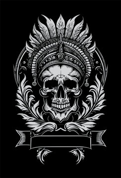 Indian skull black and white hand drawn illustration