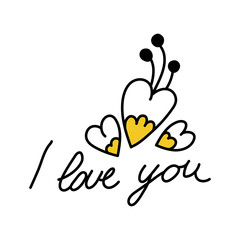Cute floral hearts in doodle style. Simple inscription I love you. Spring lettering