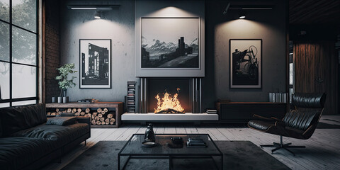 Modern home interior with fireplace, 3d render Generative AI