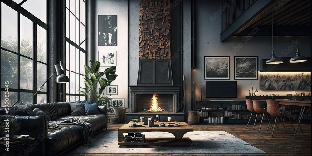 Poster Modern home interior with fireplace, 3d render Generative AI