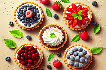 Healthy summer pastry dessert. Berry tartlets or cake with cream cheese top view. Generative Ai