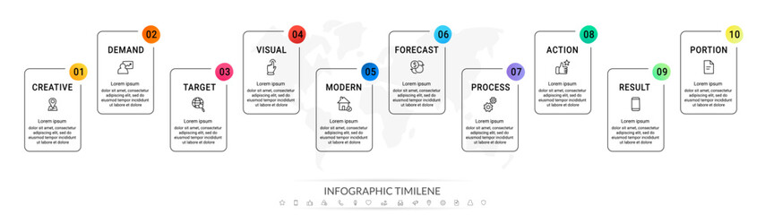 Ten rectangular vector line cards in a horizontal row. The modern concept of business model with 10 steps and icons. Minimal infographics design template. Flat illustration.