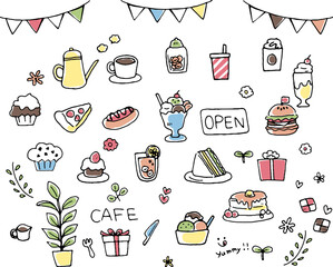 カフェ・スイーツの手描きイラストアイコンセット