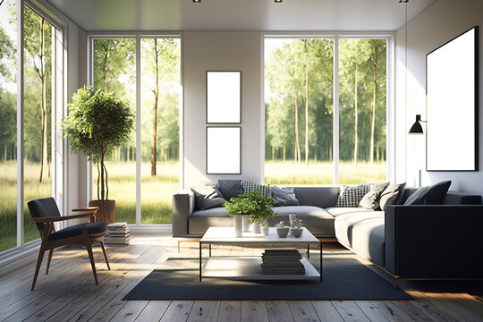 The sun shines into the bright living room, and there are grass and trees outside the window. AI technology generated image