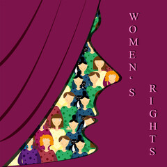 Women's rights movement concept. Card with female silhouette in cut out paper style with group of woman.