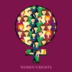 Women's rights movement concept. Card with female symbol in cut out paper style with group of woman.