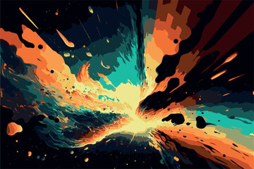 Space background. Colorful explosion on dark wallpaper. Vector art. Futuristic explosion. Creative banner for website. Astronomy. Wave of light. Shining stars nebula. Cartoon drawing night painting
