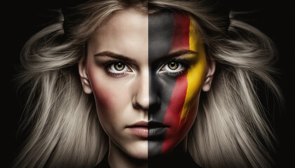 Germany. A beautiful young woman with paint in the colors of national flag of Germany. How AI sees the countries of the world if we imagine that they are people. digital ai art.